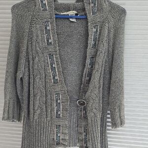 Gray Cable Knit Cardigan Sweater